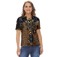 Peacock Plumage Bird Decorative Pattern Graceful Women s Short Sleeve Double Pocket Shirt