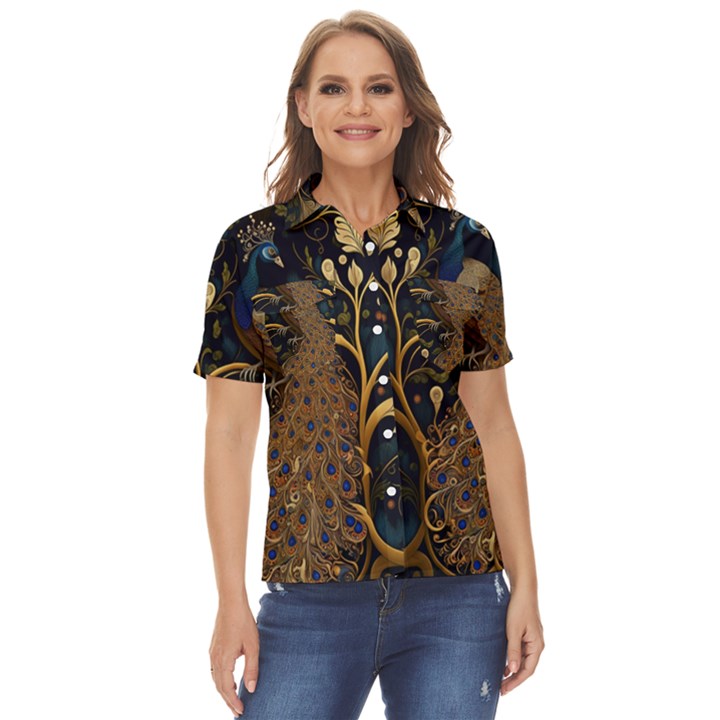 Peacock Plumage Bird Decorative Pattern Graceful Women s Short Sleeve Double Pocket Shirt