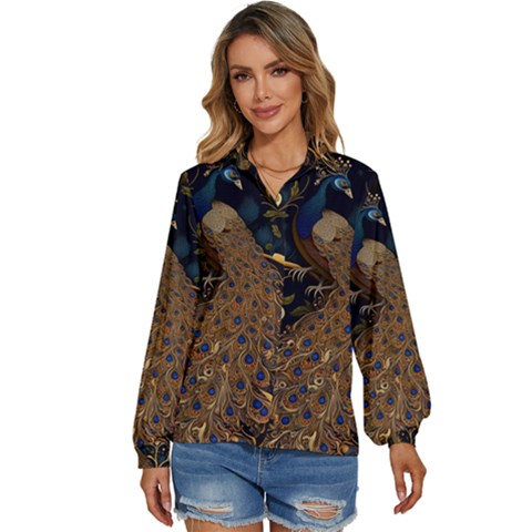 Peacock Plumage Bird Decorative Pattern Graceful Women s Long Sleeve Button Down Shirt by Ravend