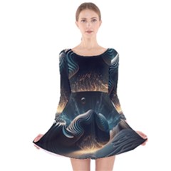 Ai Generated Swirl Space Design Fractal Light Long Sleeve Velvet Skater Dress