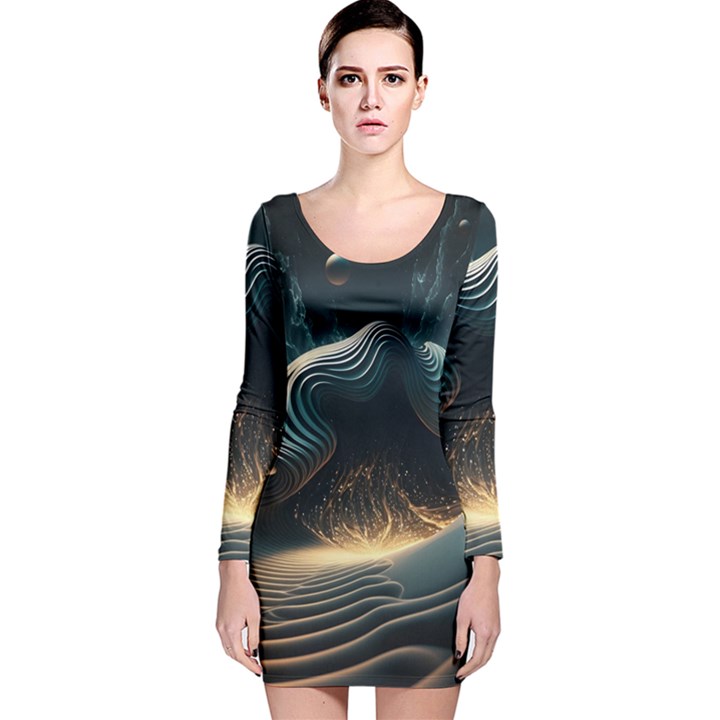 Ai Generated Swirl Space Design Fractal Light Long Sleeve Velvet Bodycon Dress