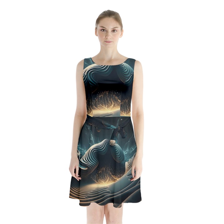 Ai Generated Swirl Space Design Fractal Light Sleeveless Waist Tie Chiffon Dress