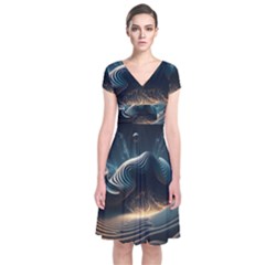 Ai Generated Swirl Space Design Fractal Light Short Sleeve Front Wrap Dress by Ravend