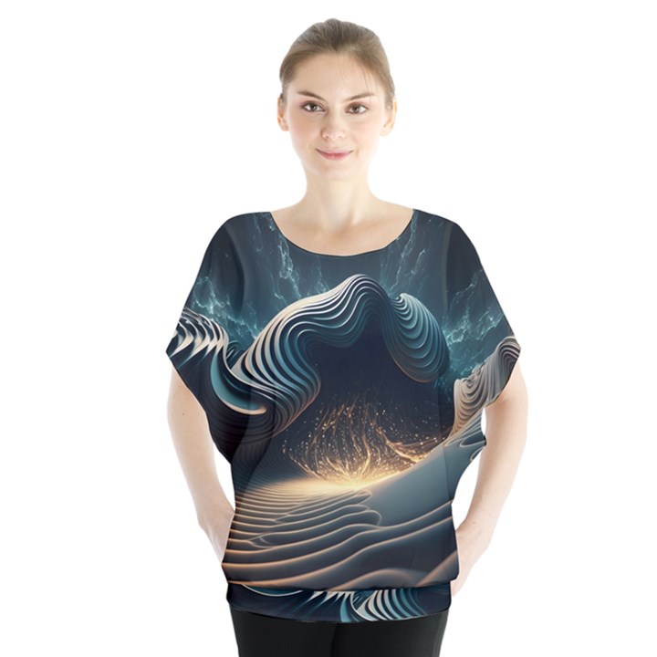 Ai Generated Swirl Space Design Fractal Light Batwing Chiffon Blouse