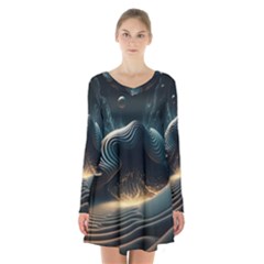 Ai Generated Swirl Space Design Fractal Light Long Sleeve Velvet V-neck Dress by Ravend