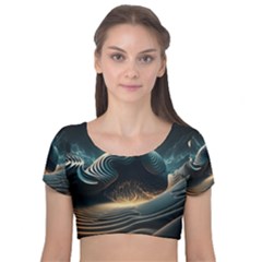 Ai Generated Swirl Space Design Fractal Light Velvet Short Sleeve Crop Top  by Ravend