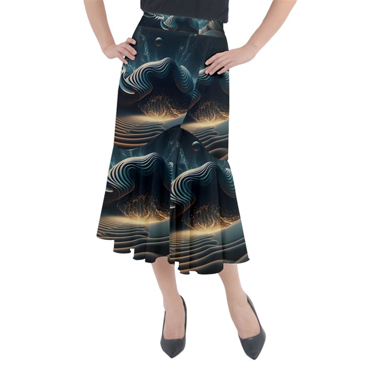 Ai Generated Swirl Space Design Fractal Light Midi Mermaid Skirt