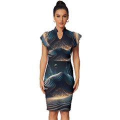 Ai Generated Swirl Space Design Fractal Light Vintage Frill Sleeve V-neck Bodycon Dress by Ravend