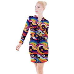 Ai Generated Moon Art Design Graphic Shape Button Long Sleeve Dress by Ravend