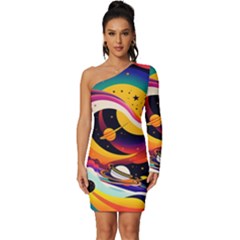 Ai Generated Moon Art Design Graphic Shape Long Sleeve One Shoulder Mini Dress