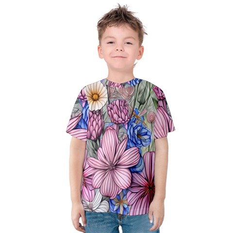 Broken And Budding Watercolor Flowers Kids  Cotton Tee by GardenOfOphir