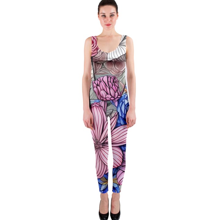 Broken And Budding Watercolor Flowers One Piece Catsuit