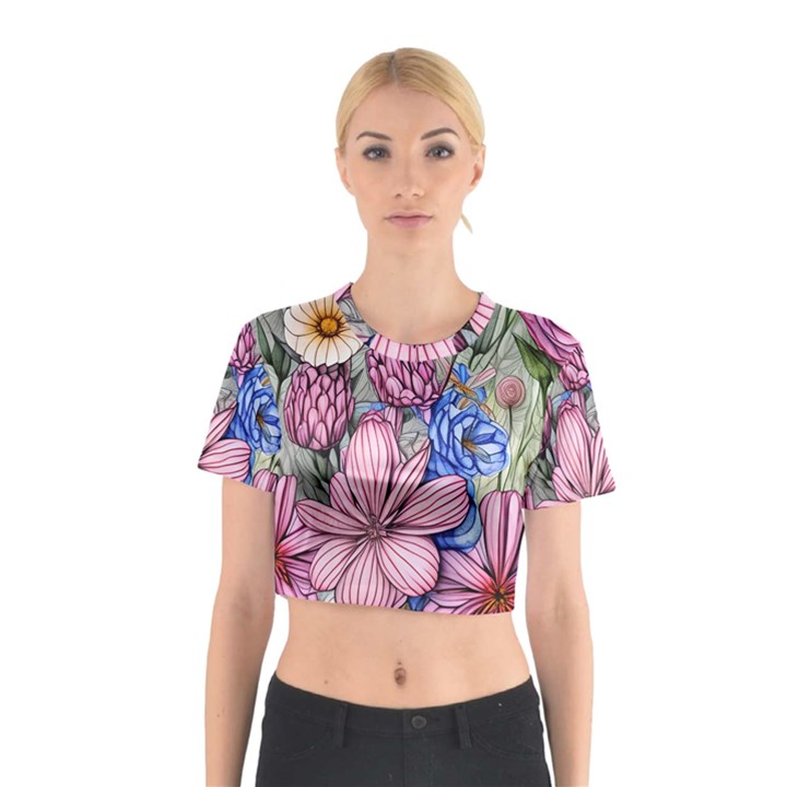 Broken And Budding Watercolor Flowers Cotton Crop Top