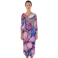 Broken And Budding Watercolor Flowers Quarter Sleeve Midi Bodycon Dress by GardenOfOphir