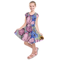 Broken And Budding Watercolor Flowers Kids  Short Sleeve Dress by GardenOfOphir