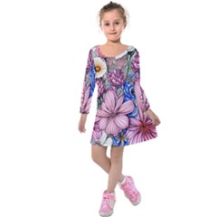 Broken And Budding Watercolor Flowers Kids  Long Sleeve Velvet Dress by GardenOfOphir