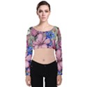 Broken And Budding Watercolor Flowers Velvet Long Sleeve Crop Top View1