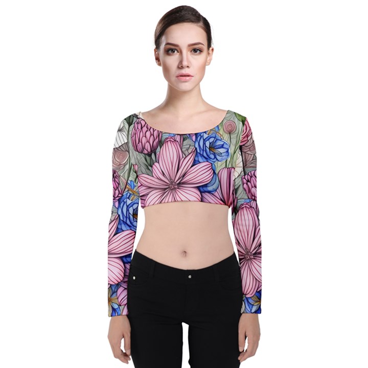 Broken And Budding Watercolor Flowers Velvet Long Sleeve Crop Top