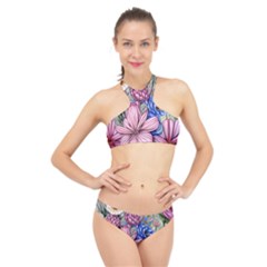 Broken And Budding Watercolor Flowers High Neck Bikini Set