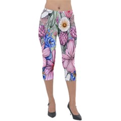 Broken And Budding Watercolor Flowers Lightweight Velour Capri Leggings  by GardenOfOphir