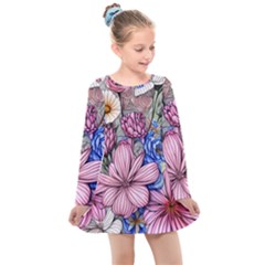 Broken And Budding Watercolor Flowers Kids  Long Sleeve Dress by GardenOfOphir