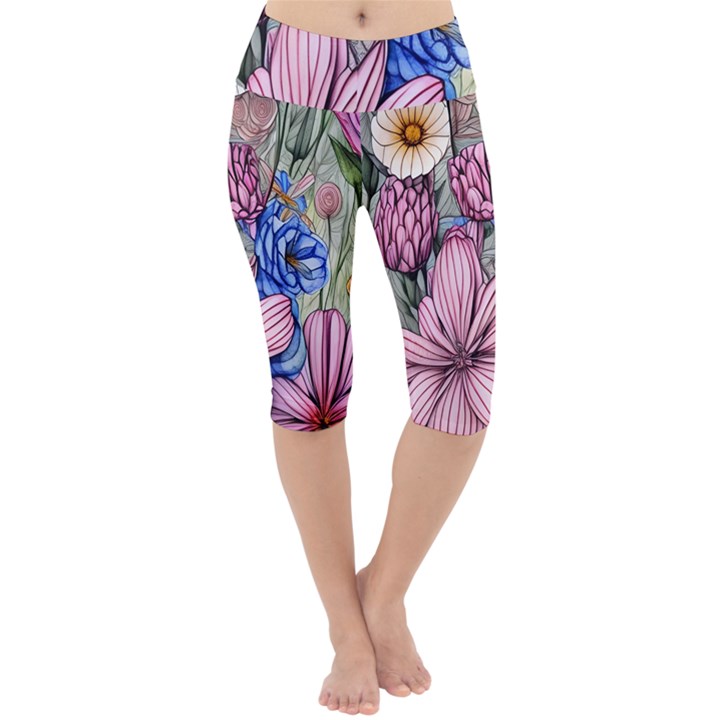 Broken And Budding Watercolor Flowers Lightweight Velour Cropped Yoga Leggings