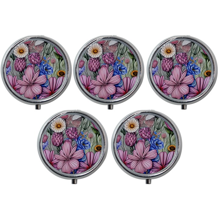 Broken And Budding Watercolor Flowers Mini Round Pill Box (Pack of 5)