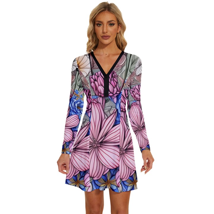 Broken And Budding Watercolor Flowers Long Sleeve Deep V Mini Dress 