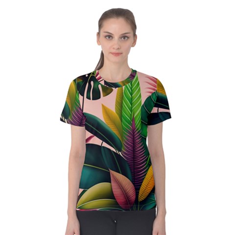 Ai Generated Tropical Leaves Foliage Wallpaper Women s Cotton Tee by Ravend