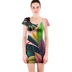 Ai Generated Tropical Leaves Foliage Wallpaper Short Sleeve Bodycon Dress by Ravend