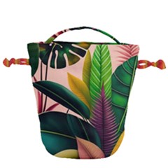 Ai Generated Tropical Leaves Foliage Wallpaper Drawstring Bucket Bag by Ravend