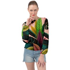 Ai Generated Tropical Leaves Foliage Wallpaper Banded Bottom Chiffon Top by Ravend