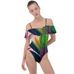 Ai Generated Tropical Leaves Foliage Wallpaper Frill Detail One Piece Swimsuit by Ravend