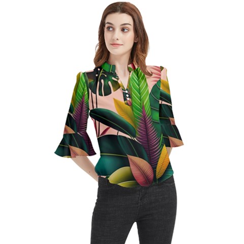 Ai Generated Tropical Leaves Foliage Wallpaper Loose Horn Sleeve Chiffon Blouse by Ravend