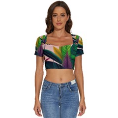 Ai Generated Tropical Leaves Foliage Wallpaper Short Sleeve Square Neckline Crop Top  by Ravend