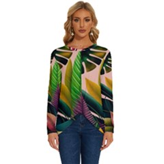 Ai Generated Tropical Leaves Foliage Wallpaper Long Sleeve Crew Neck Pullover Top by Ravend