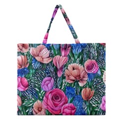 Bright And Brilliant Watercolor Flowers Zipper Large Tote Bag by GardenOfOphir