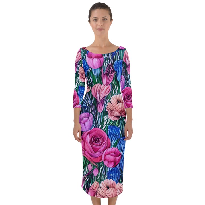 Bright And Brilliant Watercolor Flowers Quarter Sleeve Midi Bodycon Dress