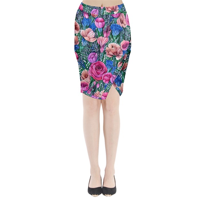 Bright And Brilliant Watercolor Flowers Midi Wrap Pencil Skirt