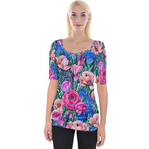 Bright And Brilliant Watercolor Flowers Wide Neckline Tee by GardenOfOphir