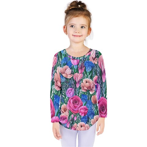 Bright And Brilliant Watercolor Flowers Kids  Long Sleeve Tee by GardenOfOphir