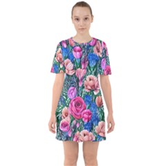 Bright And Brilliant Watercolor Flowers Sixties Short Sleeve Mini Dress by GardenOfOphir