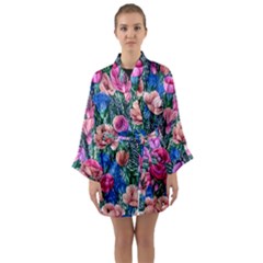 Bright And Brilliant Watercolor Flowers Long Sleeve Satin Kimono by GardenOfOphir