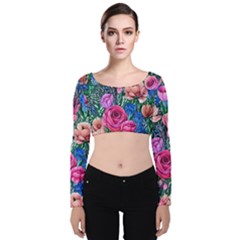 Bright And Brilliant Watercolor Flowers Velvet Long Sleeve Crop Top by GardenOfOphir