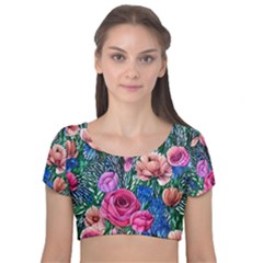 Bright And Brilliant Watercolor Flowers Velvet Short Sleeve Crop Top  by GardenOfOphir