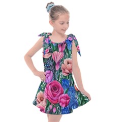 Bright And Brilliant Watercolor Flowers Kids  Tie Up Tunic Dress by GardenOfOphir