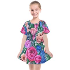 Bright And Brilliant Watercolor Flowers Kids  Smock Dress by GardenOfOphir