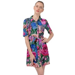 Bright And Brilliant Watercolor Flowers Belted Shirt Dress by GardenOfOphir