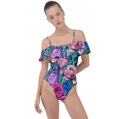 Bright And Brilliant Watercolor Flowers Frill Detail One Piece Swimsuit by GardenOfOphir