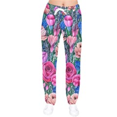 Bright And Brilliant Watercolor Flowers Women Velvet Drawstring Pants by GardenOfOphir